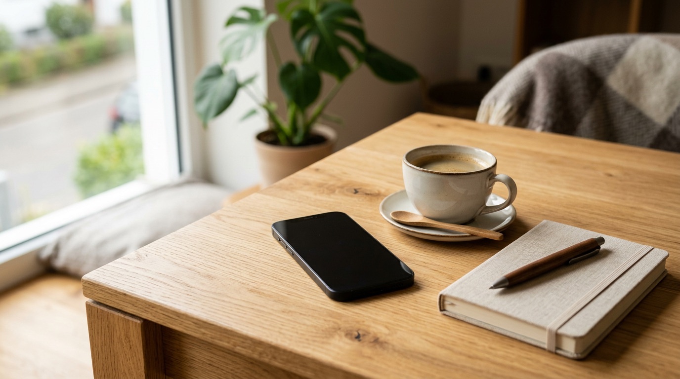 A smartphone beside a cup of coffee on a wooden table, learning German