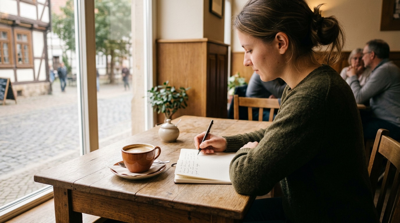 A German cafe table with an open notebook and coffee, practicing writing German