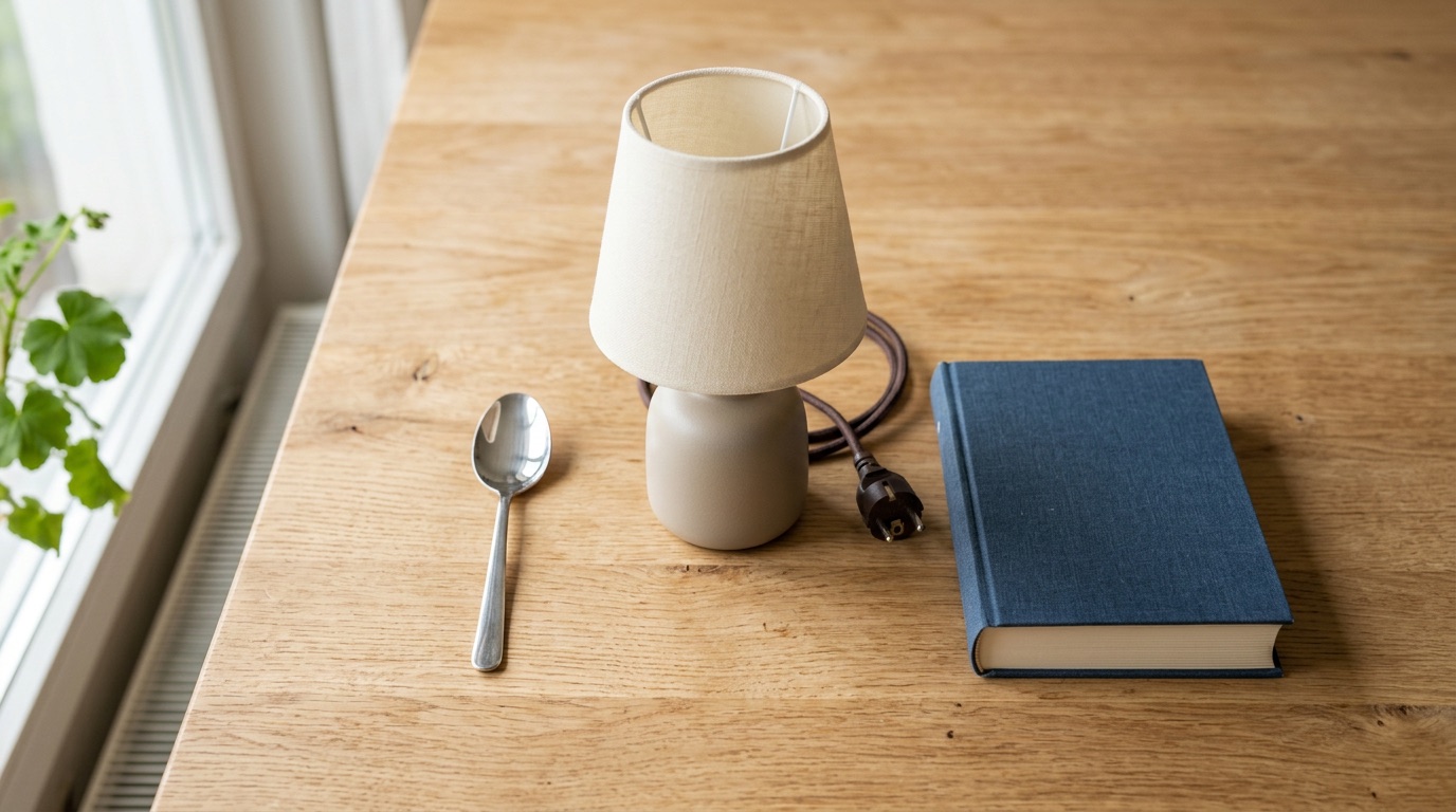 A spoon, a lamp and a book on a wooden table showing der, die and das