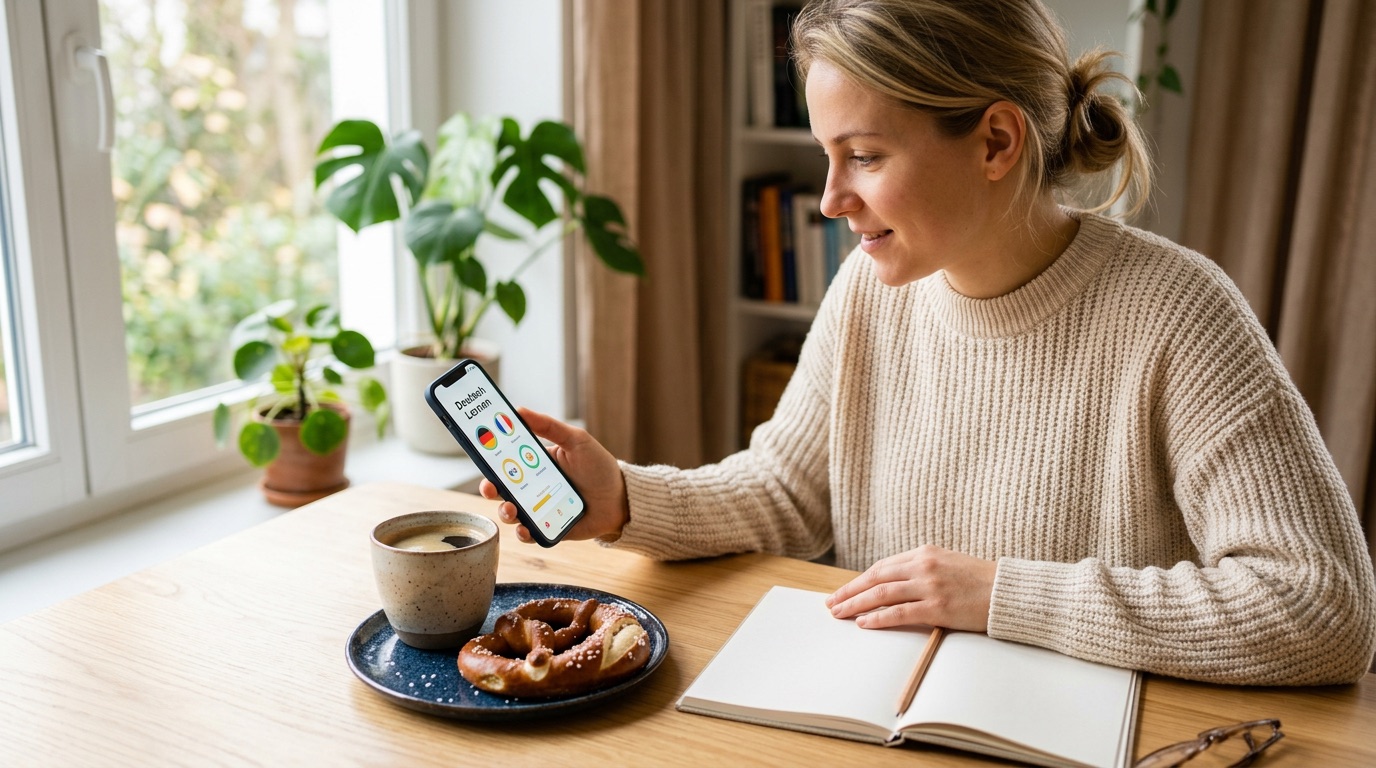 Studying German on a phone at a desk with coffee and a pretzel