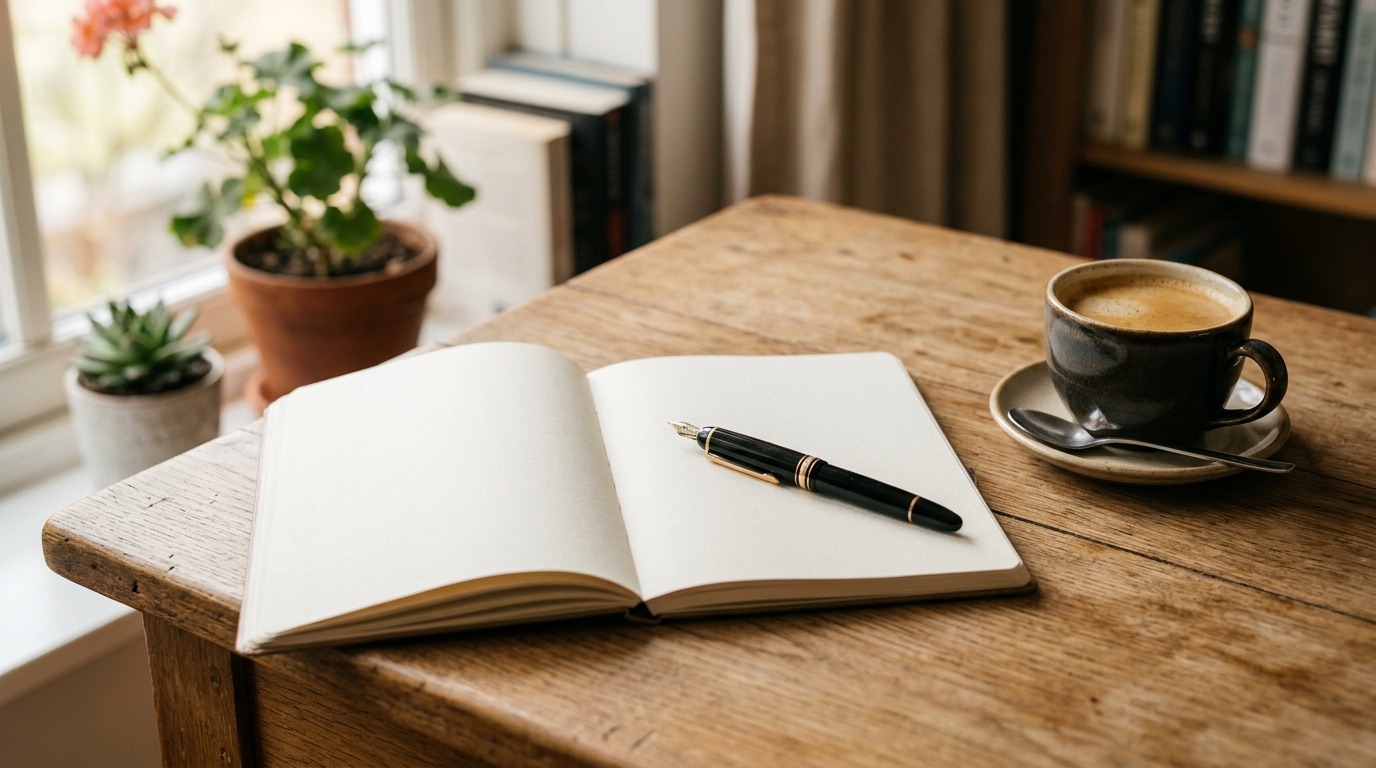 An open notebook with a fountain pen and coffee on a wooden desk