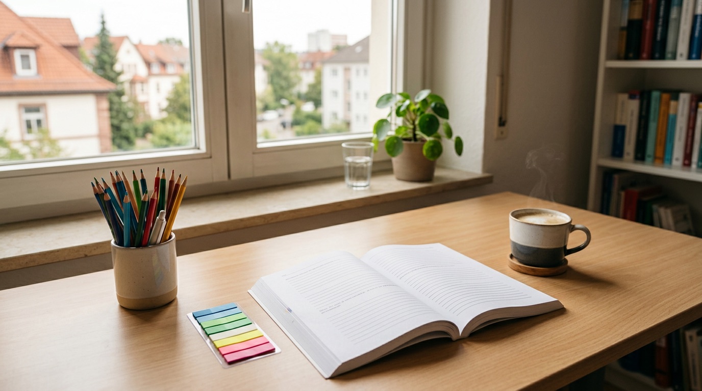 A study desk with an open German grammar book, colored tabs and coffee