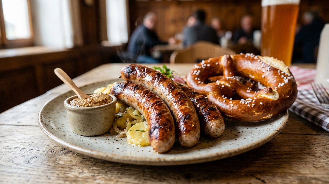 A plate of grilled German bratwurst sausages with mustard and a pretzel