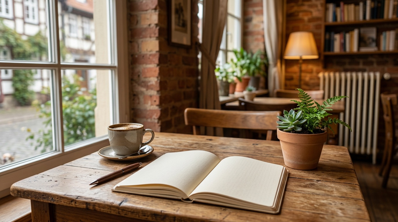 A welcoming German cafe study corner with a notebook and coffee
