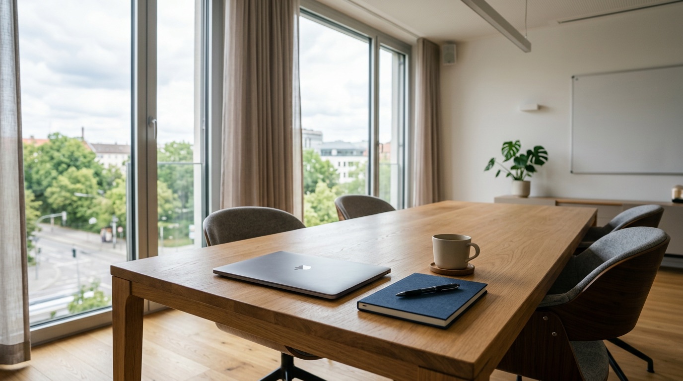 A bright modern German office with a person working at a laptop