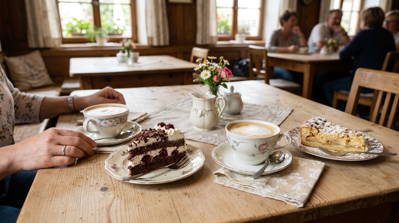 Two cups of coffee and slices of cake during a German Kaffee und Kuchen