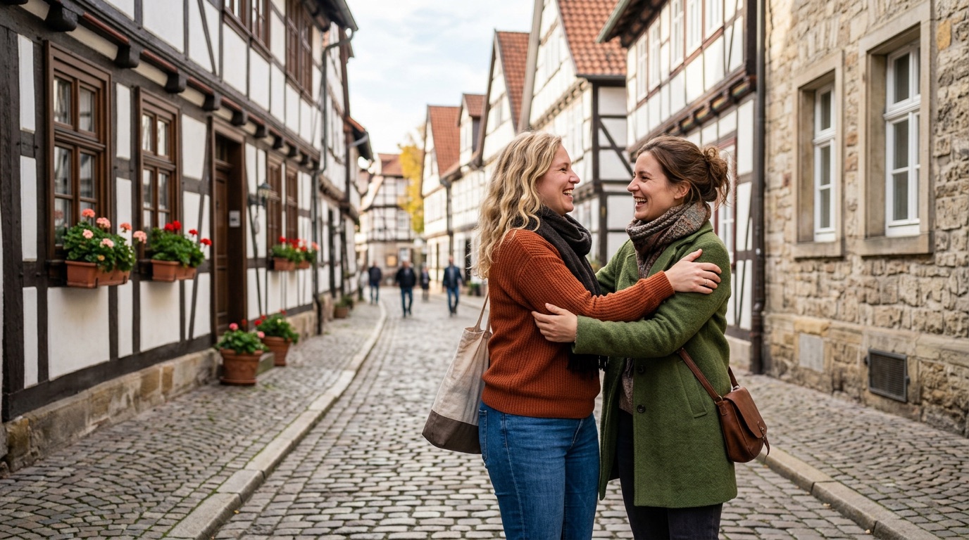 Two friends greeting warmly on a cobblestone street of a German old town