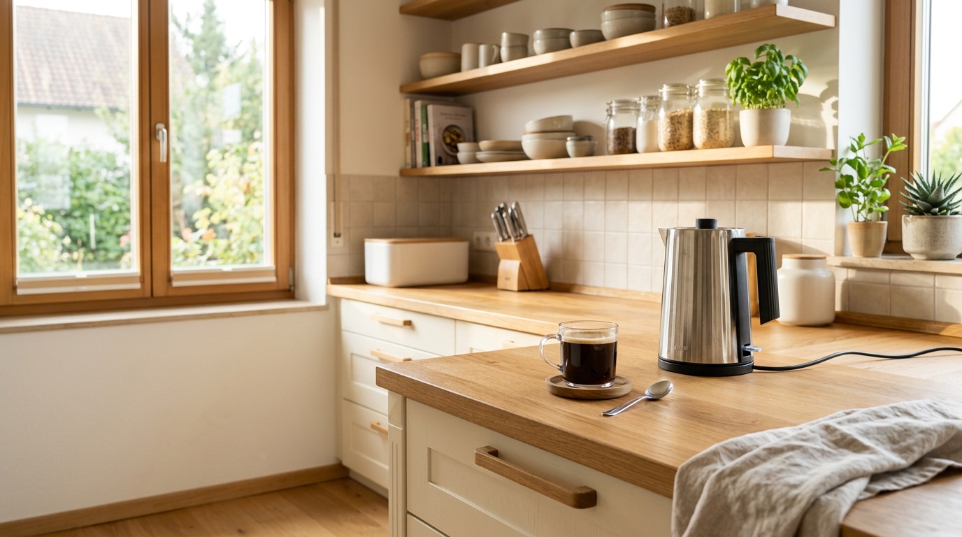 A bright German kitchen with a kettle and coffee on the counter