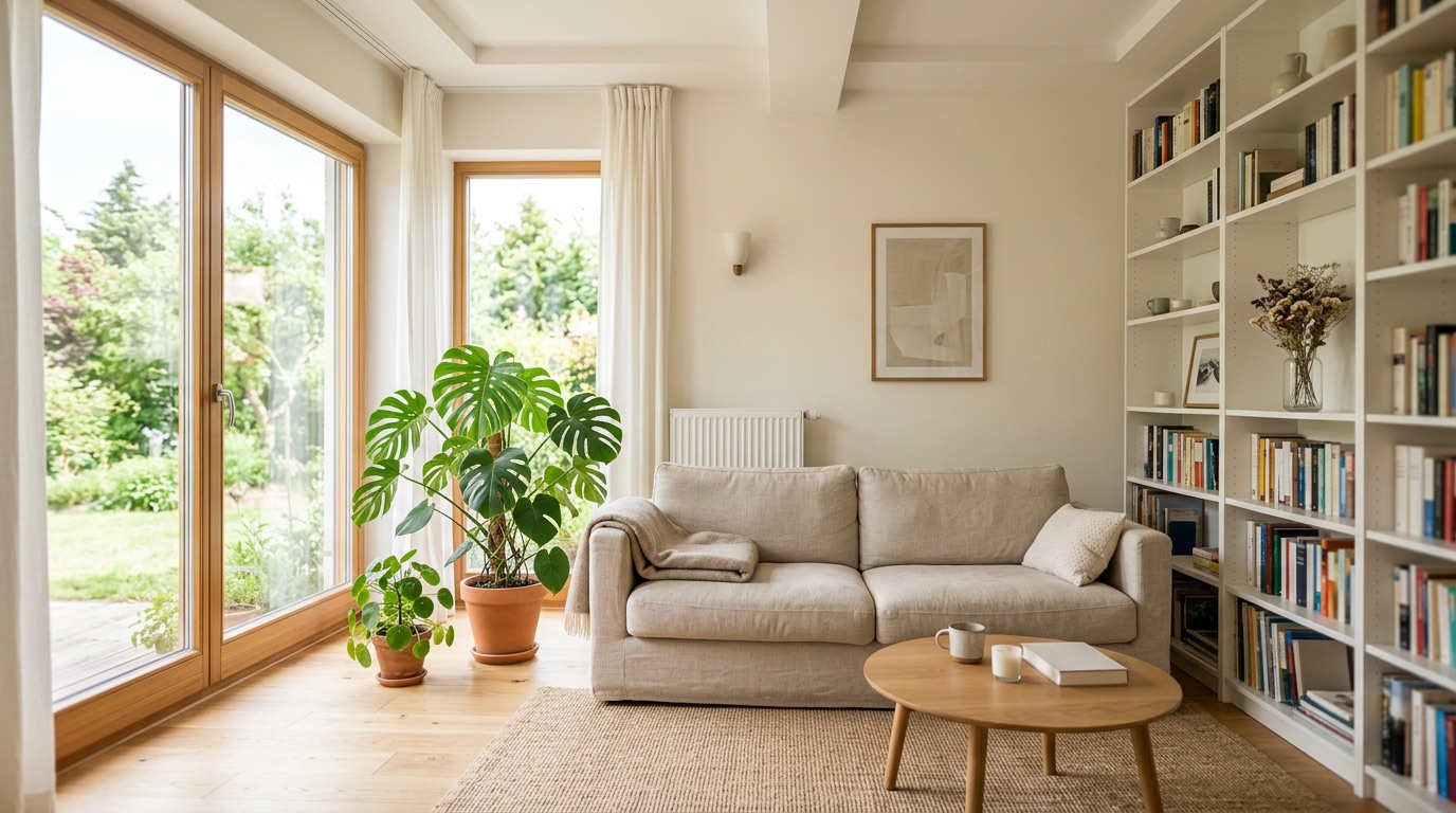 A bright minimalist German living room with plants and wooden furniture