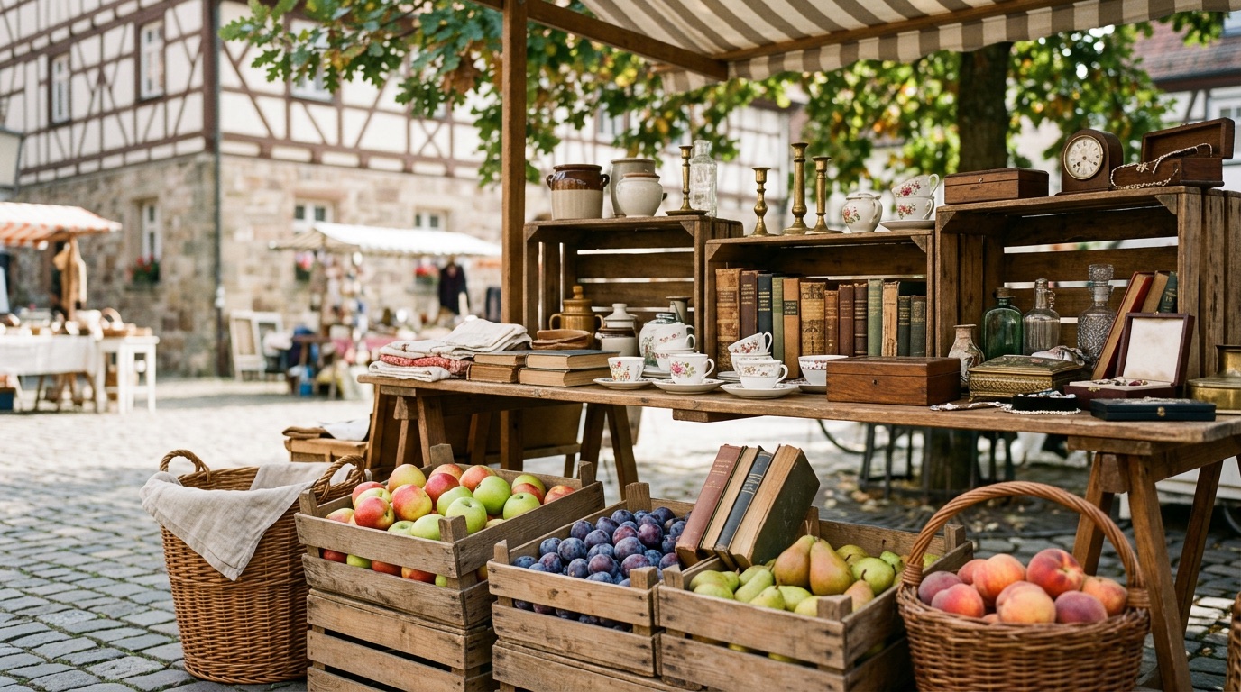 A German outdoor flea market Flohmarkt stall with fruit and vintage goods