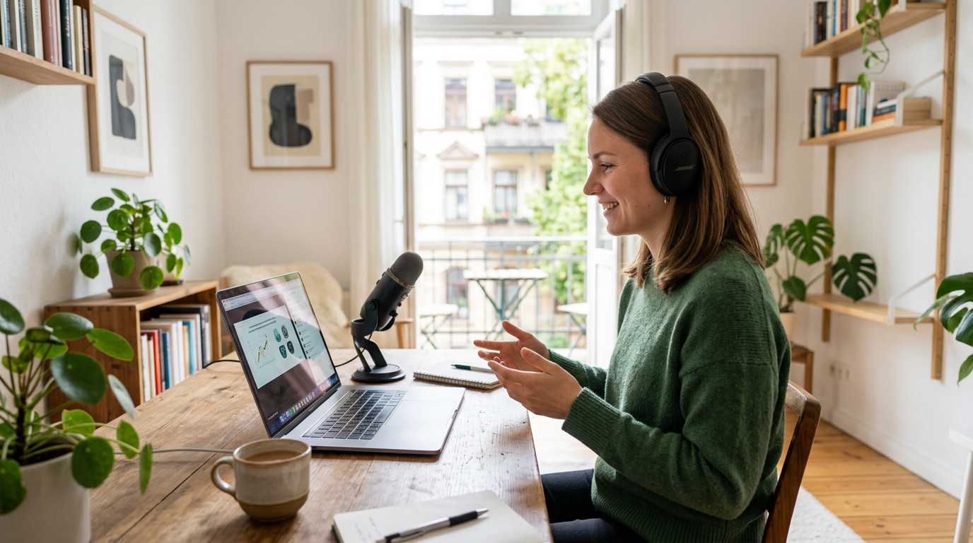 A person with headphones practicing German pronunciation at a laptop