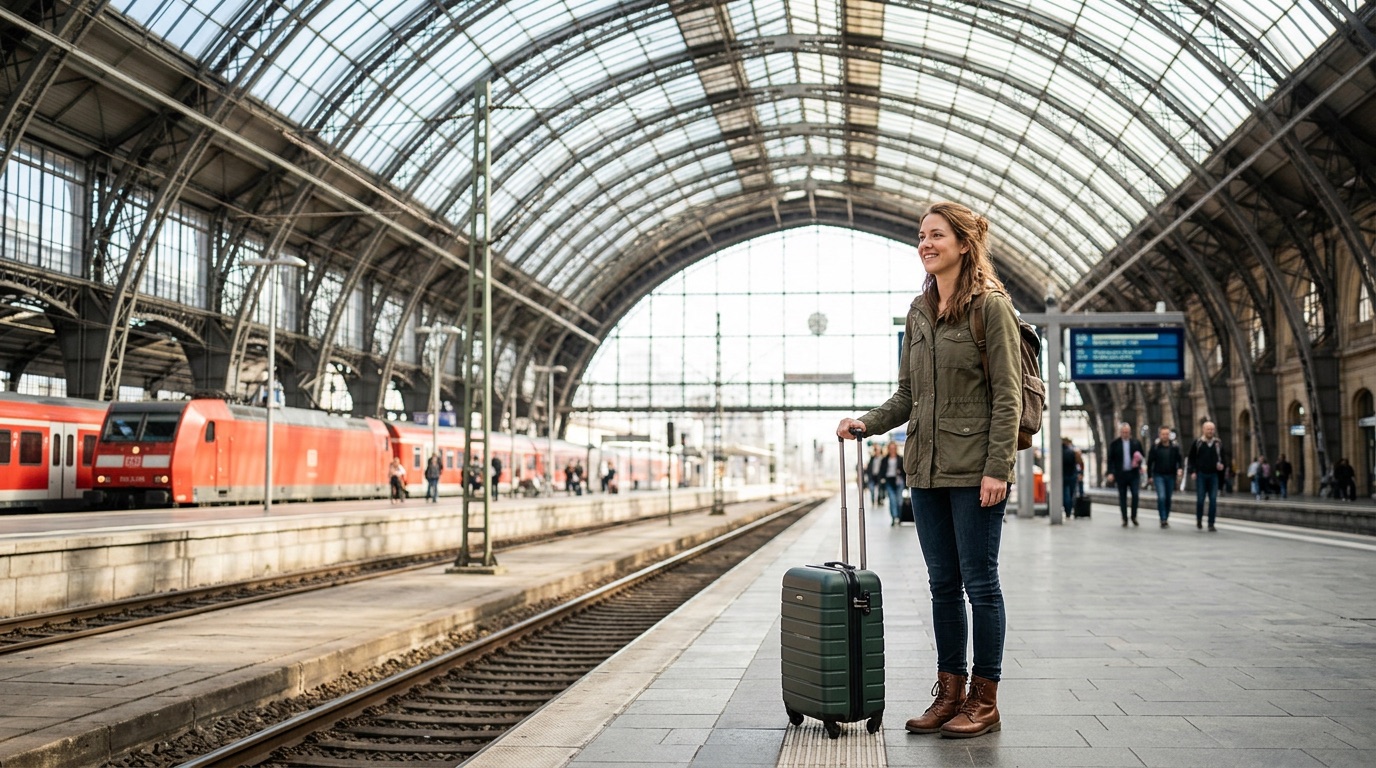 A traveler with a suitcase on the platform of a grand German railway station