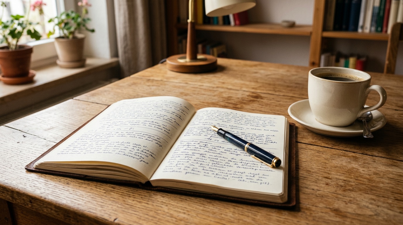 An open notebook of handwriting with a fountain pen and coffee on a desk