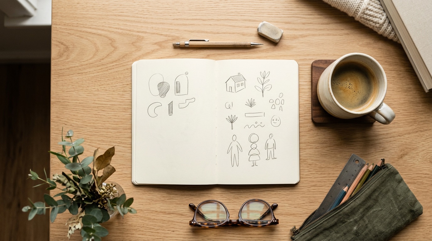 A beginner study flat-lay with a notebook of sketches and coffee on light wood