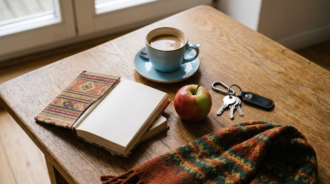 A flat-lay of everyday German life objects on a warm wooden table
