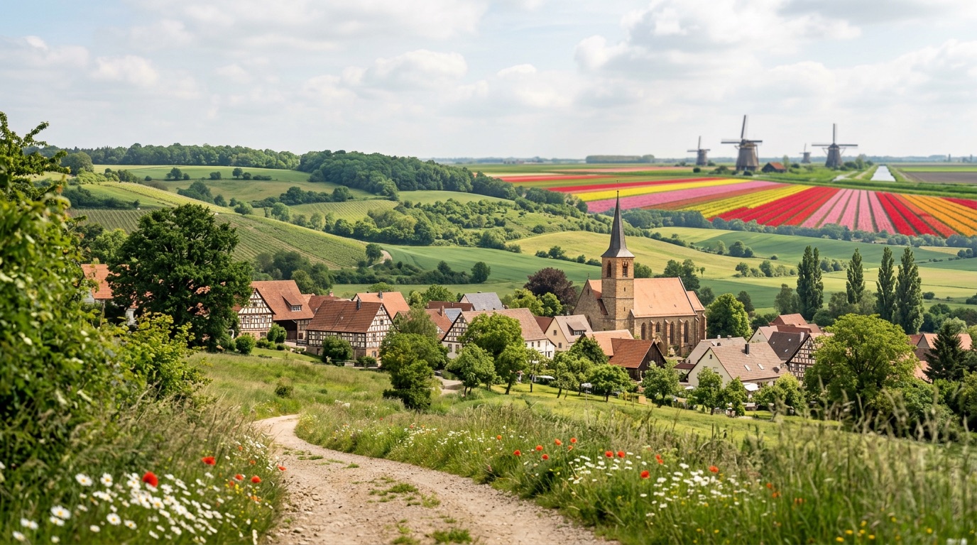 A landscape blending German hills and a village church with Dutch windmills and tulips