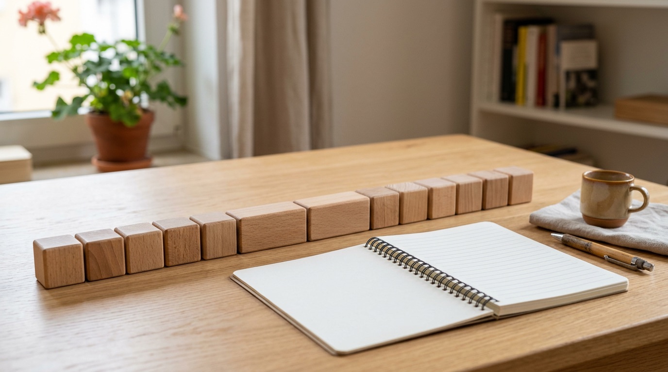 Wooden word blocks arranged in a row beside a notebook, building a sentence