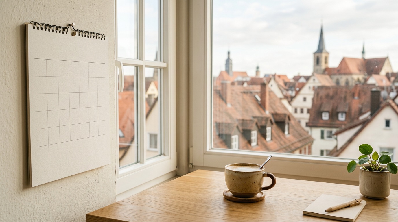 A calendar and coffee on a desk overlooking German city rooftops