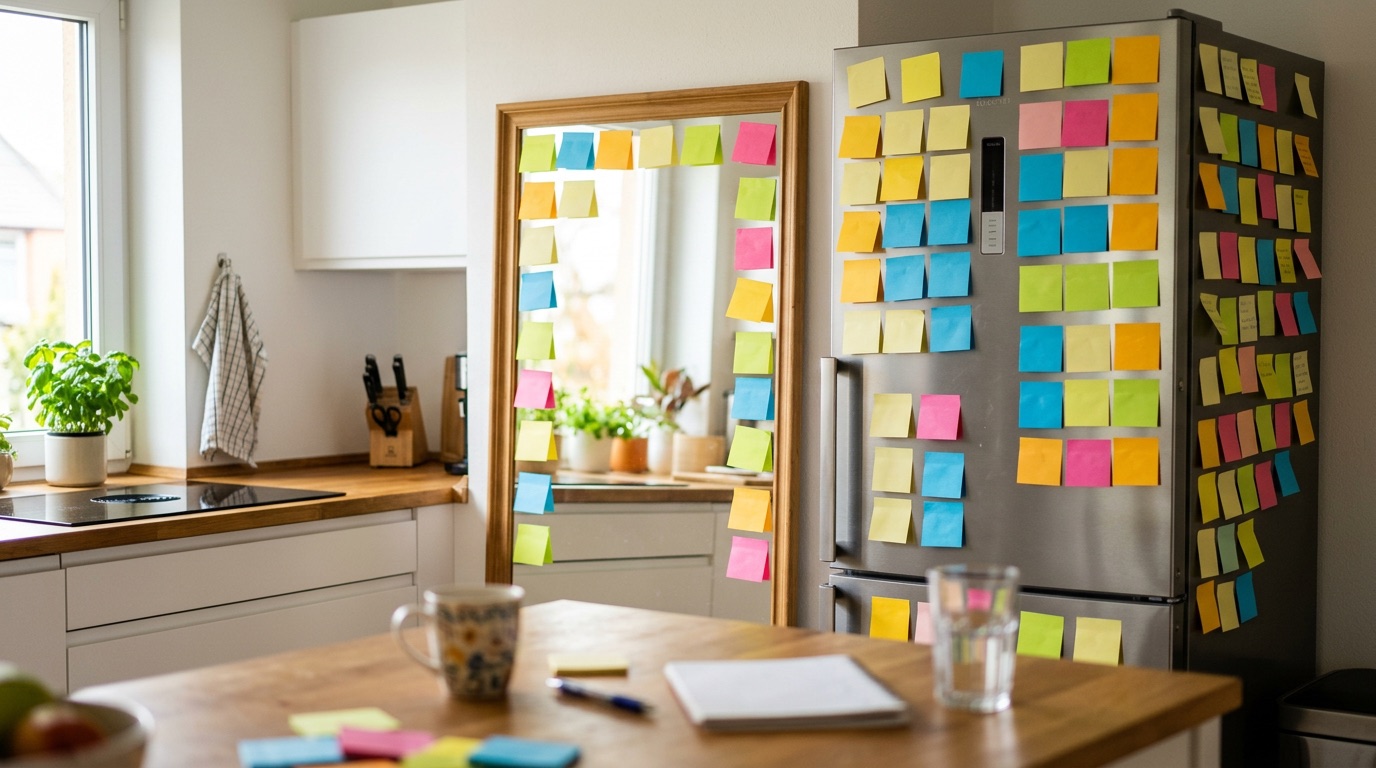 Colorful sticky notes on a fridge in a bright German kitchen for remembering words