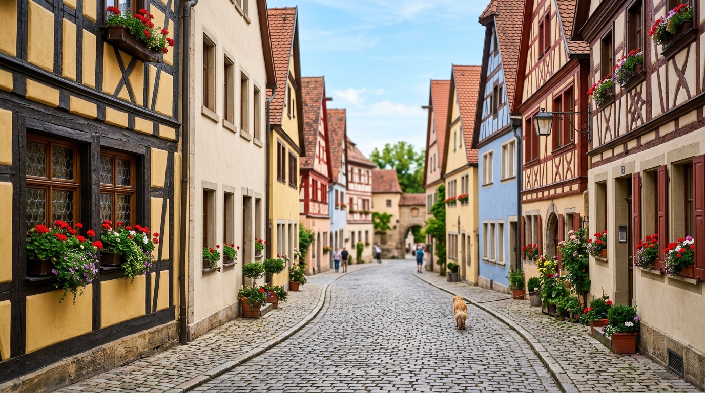 A colorful half-timbered street in a German old town like Rothenburg, inviting and bright