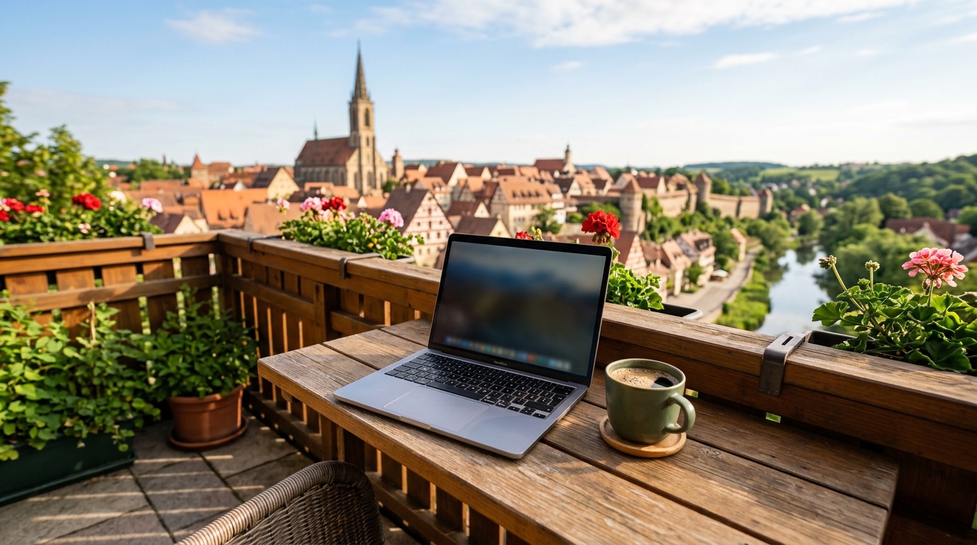 A laptop and coffee on a sunny balcony overlooking a German city
