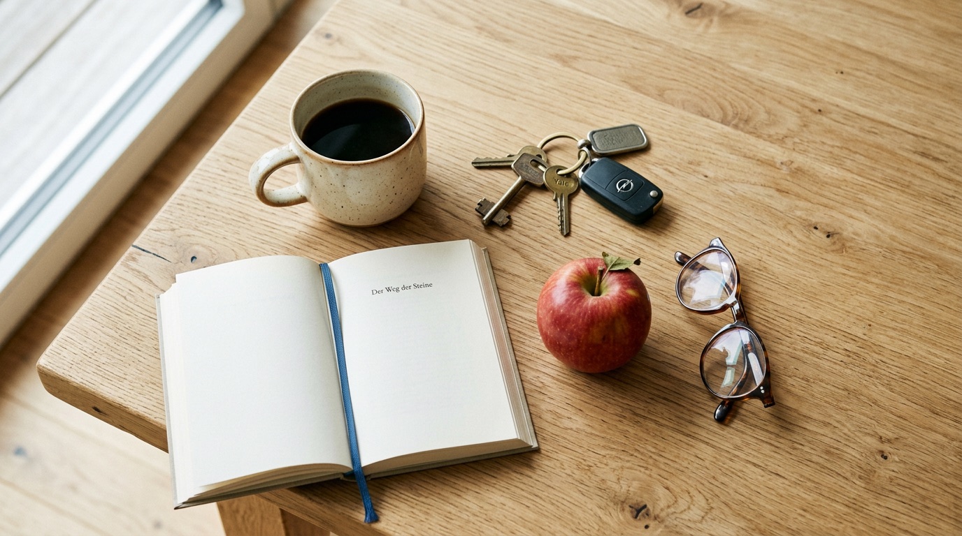 A flat-lay of everyday objects on a light wood table for visual German vocabulary