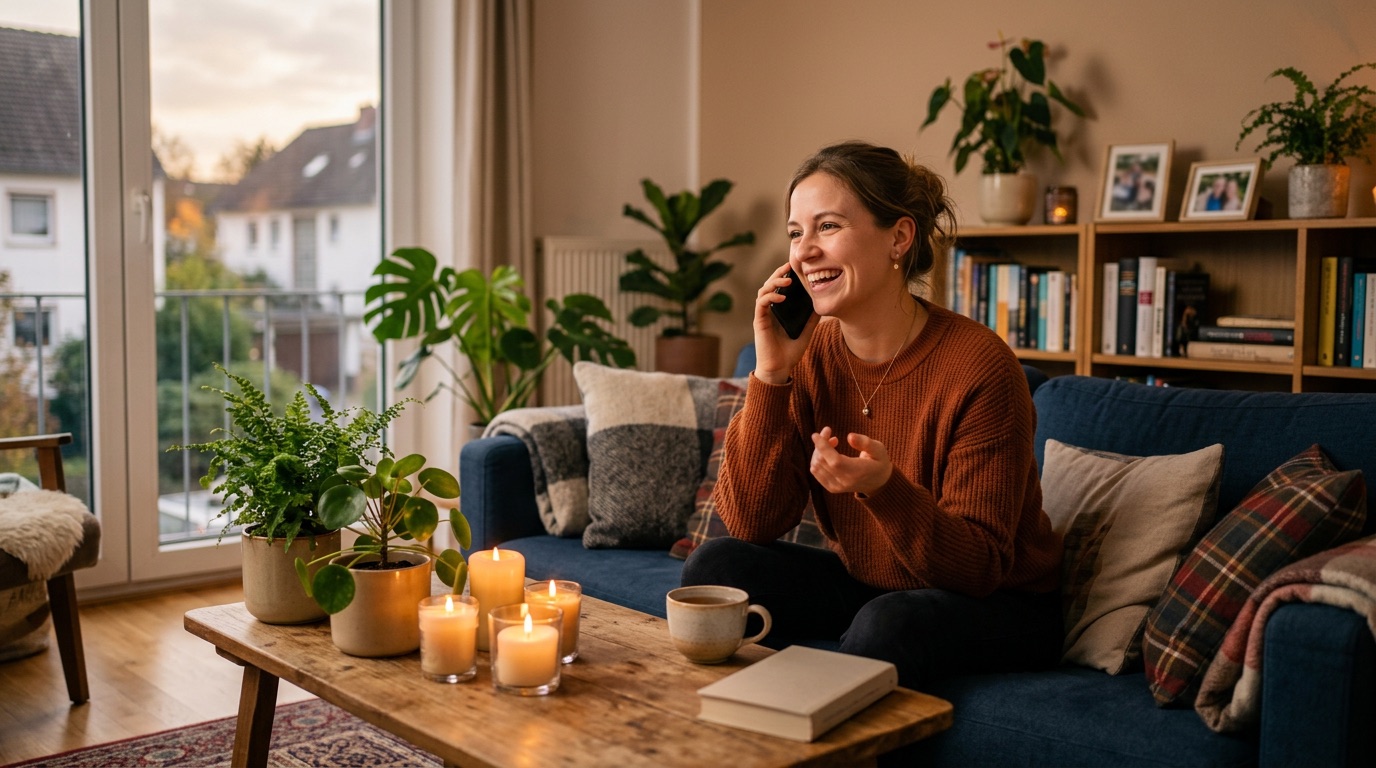 A person speaking German into a phone in a cozy candlelit German living room